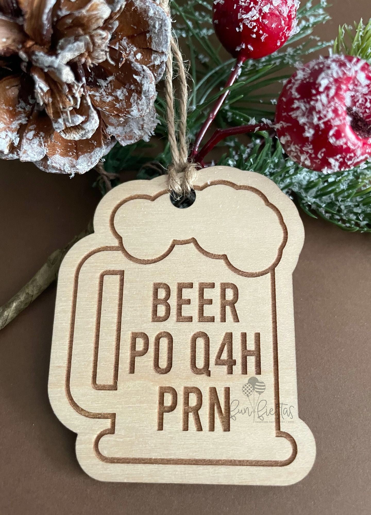 Beer mug-shaped ornament with engraved text 'Beer PO Q4H PRN', perfect for healthcare provider holiday decor