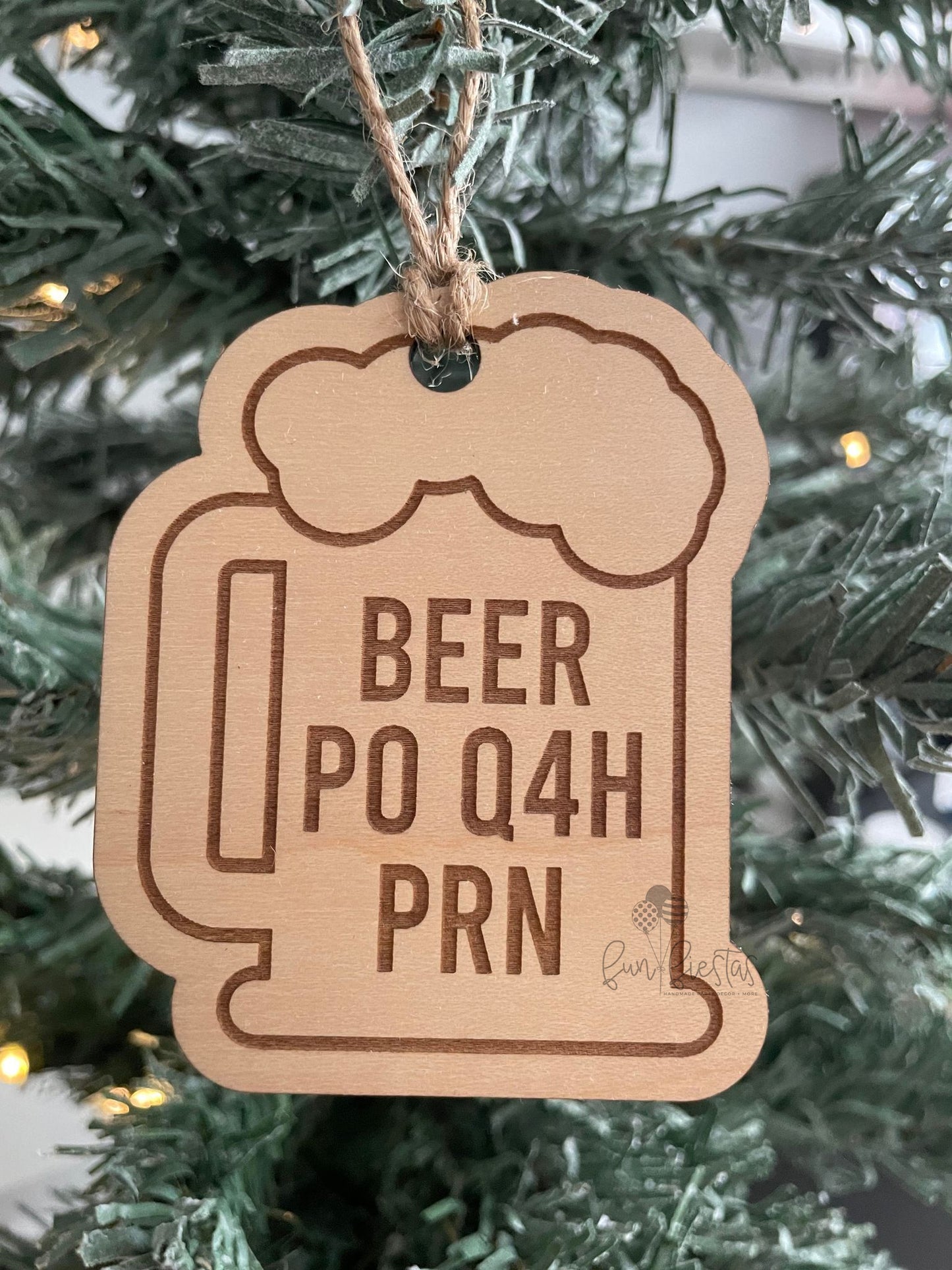 Beer mug-shaped ornament with engraved text 'Beer PO Q4H PRN', perfect for healthcare provider holiday decor